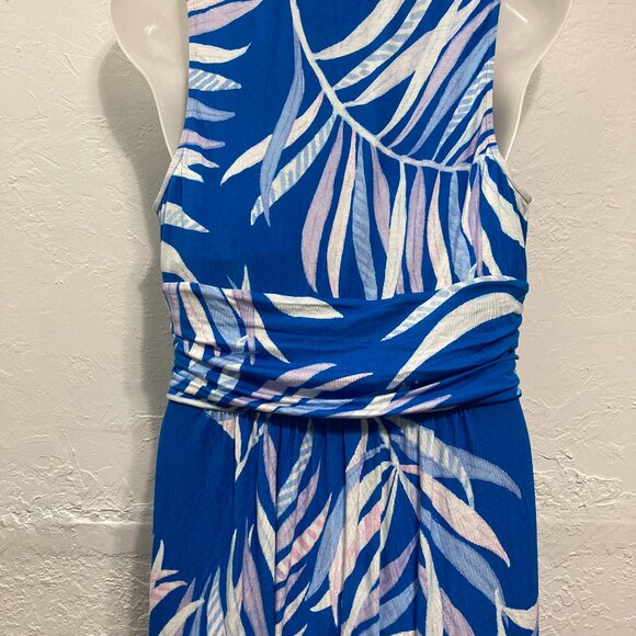 Soma Soft Bra Dress Sleeveless Blue Palm Pockets Wrap Waist Resort Knee Length L - Picture 4 of 11